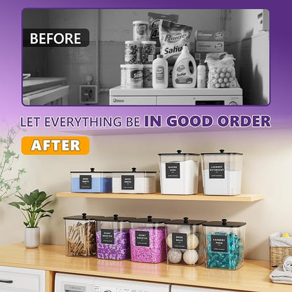Moforoco 3 Pcs Laundry Pods Container, Clear Laundry Room Organization Containers,Large Detergent Powder Storage, Black Wooden Lids & Labels