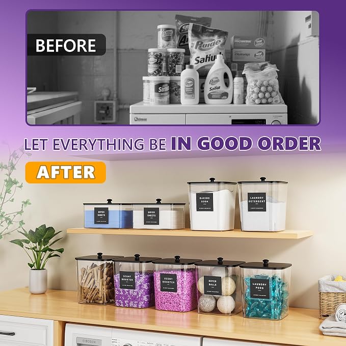 Moforoco 4 Pcs Laundry Pods Container, Clear Laundry Room Organization Containers,Large Detergent Powder Storage, Black Wooden Lids & Labels Dry Sheet Holder