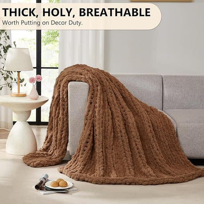 L'AGRATY Chunky Knit Blanket Throw: 50''x60'' Chenille Chunky Knitted Throw Blankets for Bed Couch - Handmade Thick Big Cable Knit Blanket - Large Crochet Rope Blankets for Home Decor(Brown)
