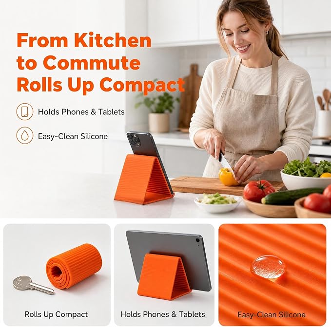 Flexible Silicone Phone Stand, 20x10cm Bendable Phone Stand for Desk & Travel, Foldable Portable Airplane Phone Holder, Non Slip Tablet Mount, Gift - Orange