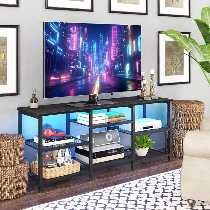 YGEOMER Entertainment Center for TVs Up to 50 Inch, Entertainment Stand with Power Outlet and LED Lights Open Storage Shelves, TV Console Table for Living Room and Bedroom, Black