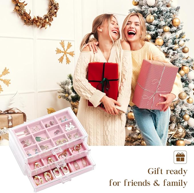 ProCase Earring Holder Organizer Jewelry Box with 3 Drawers, Acrylic Clear Earring Case with Adjustable Velvet Trays for Women - Pink, 3 Layers