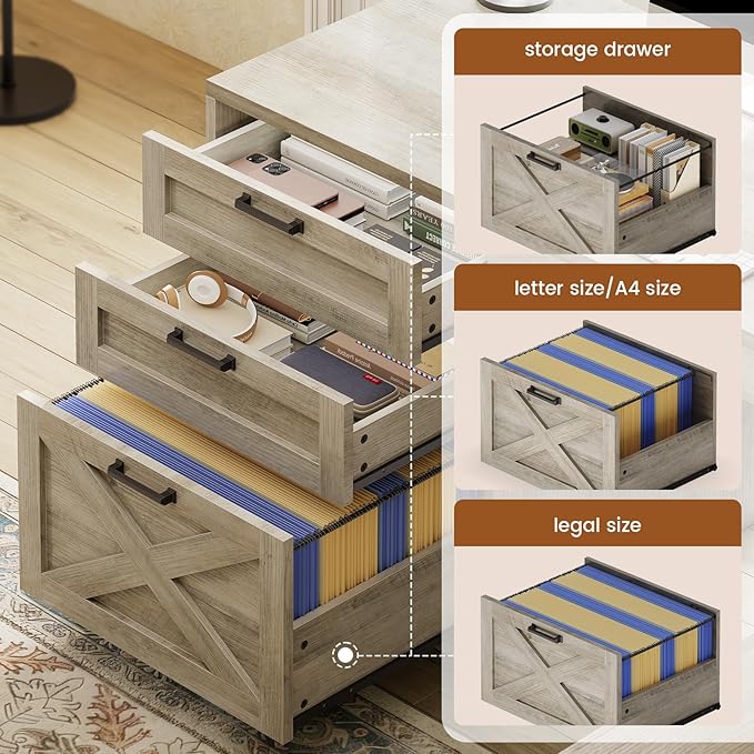 SEDETA 67" Farmhouse L Shaped Desk with Hutch, Home Office Desks with Drawers & Sliding Doors, Corner Computer Desk with Storage Shelves & Power Outlets, Executive Desk with LED Lights, Grey