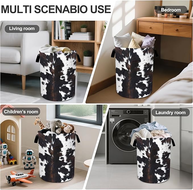 White Black Cowhide Laundry Basket Laundry Hamper With Handles Collapsible Laundry Baskets Storage Basket For Room Bathroom Bedroom Decor