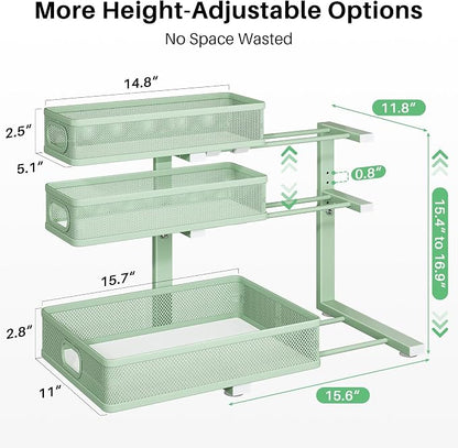 Kitstorack Under Sink Organizer, 1-Pack 3-Tier Height Adjustable Thickened Metal Pull out Cabinet Organizer Shelf, Slide out Storage Drawer Rack for Bathroom Kitchen Pantry Home Organization, Green