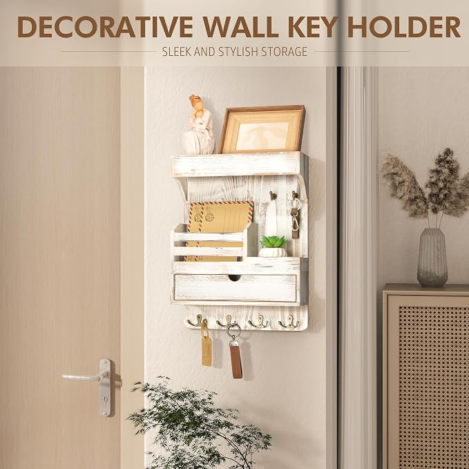 Rebee Vision Farmhouse Key Holder Wall Mount with Drawer Organizer – Pine Wooden Mail and Key Organizer for Wall with 6 Rustic Hooks & Floating Shelf – Chic Home Decor Accent (Whitewash)