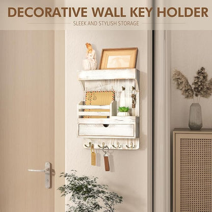 Rebee Vision Farmhouse Key Holder Wall Mount with Drawer Organizer – Pine Wooden Mail and Key Organizer for Wall with 6 Rustic Hooks & Floating Shelf – Chic Home Decor Accent (Whitewash)