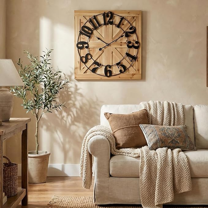 EMAX HOME Large Farmhouse Wall Clock – 24 Inch Brown Square Rustic Wooden Clock with Decorative Reversible Wooden Sign, Perfect for Any Space and Ideal Gift