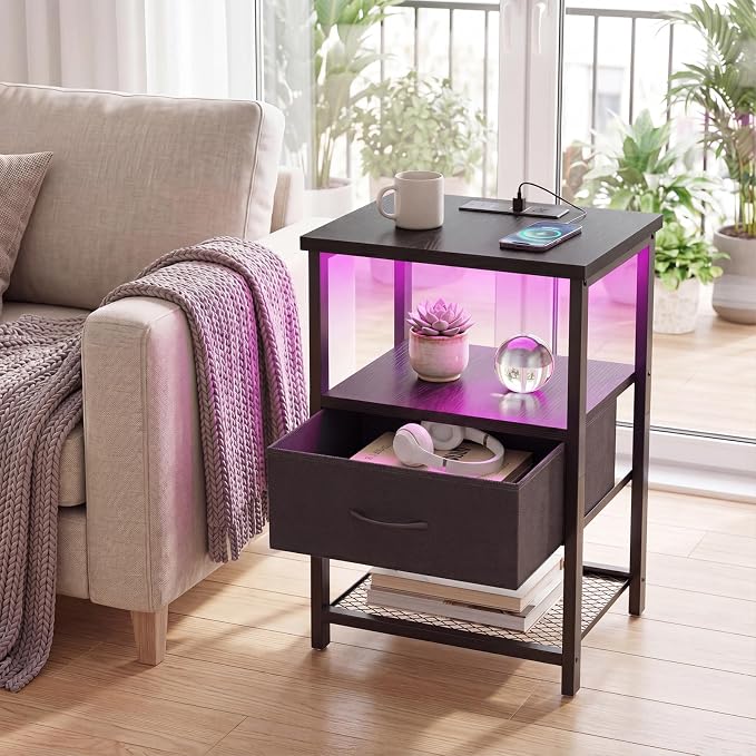 Fixwal Night Stand with Charging Station, LED Nightstand Side Table with Fabric Drawers PU Finish, End Tables Bedroom, Bedside Table, Black