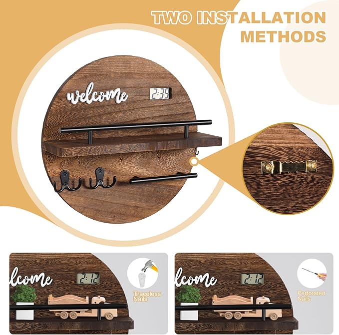 Key Holder for Wall, Key and Mail Holder Organizer with - Key Holder Wall Mount - Round Wooden Rustic Home Decor for Entryway, Mudroom, Hallway, Kitchen Office (Brown)