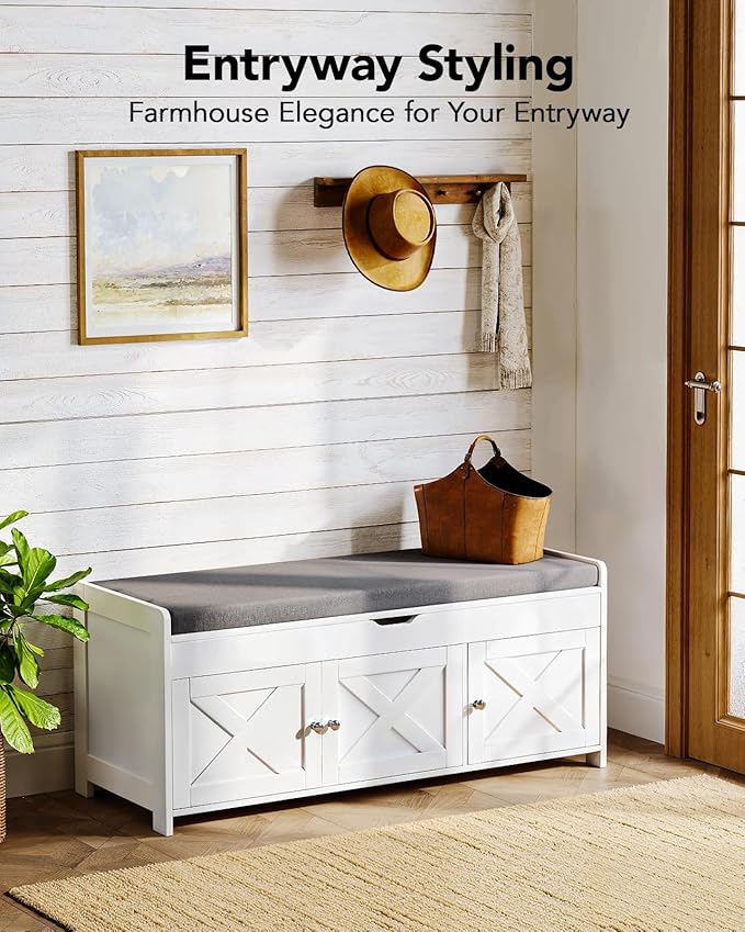 Pipishell 2-Tier Shoe Storage Bench with Cushioned Seat, Entryway Bench with Adjustable Shelf & Barn Doors, 300 lbs Capacity, 43.4" W x 16" D x 18" H, for Entryway, Bedroom, Living Room, White