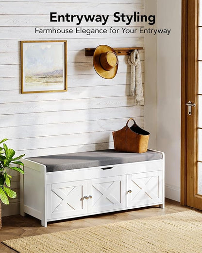 Pipishell 2-Tier Shoe Storage Bench with Cushioned Seat, Entryway Bench with Adjustable Shelf & Barn Doors, 300 lbs Capacity, 43.4" W x 16" D x 18" H, for Entryway, Bedroom, Living Room, White
