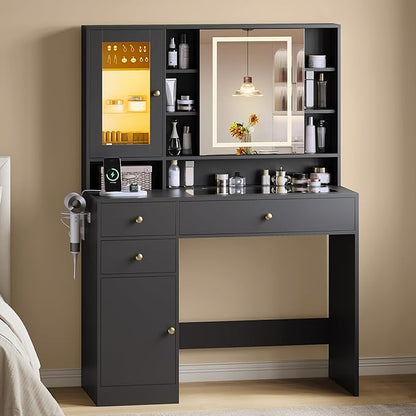 Vanity Desk with Mirror and Lights, Black Vanity with Lighted Mirror and RGB Cabinet & Jewelry Organizers, Makeup Vanity Desk with Lights, Glass Top Dressing Table for Girls Bedroom