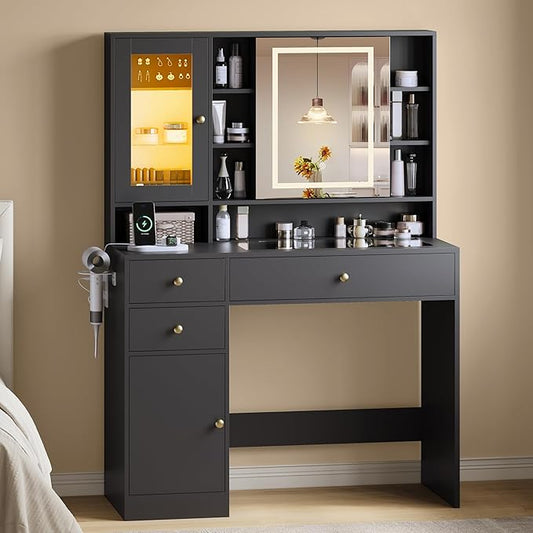 Vanity Desk with Mirror and Lights, Black Vanity with Lighted Mirror and RGB Cabinet & Jewelry Organizers, Makeup Vanity Desk with Lights, Glass Top Dressing Table for Girls Bedroom