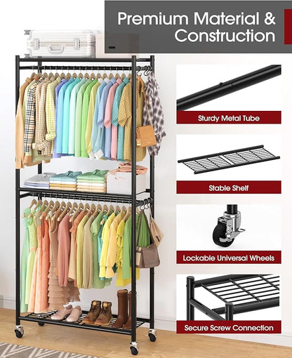 Sakugi Clothes Rack - 33.0" x 12.2" x 79.5" Clothing Rack with Shelves & Wheels, Multi-Functional Wardrobe Closet with Hooks, Sturdy Metal Garment Rack for Bedroom, Laundry, Balcony (Black)