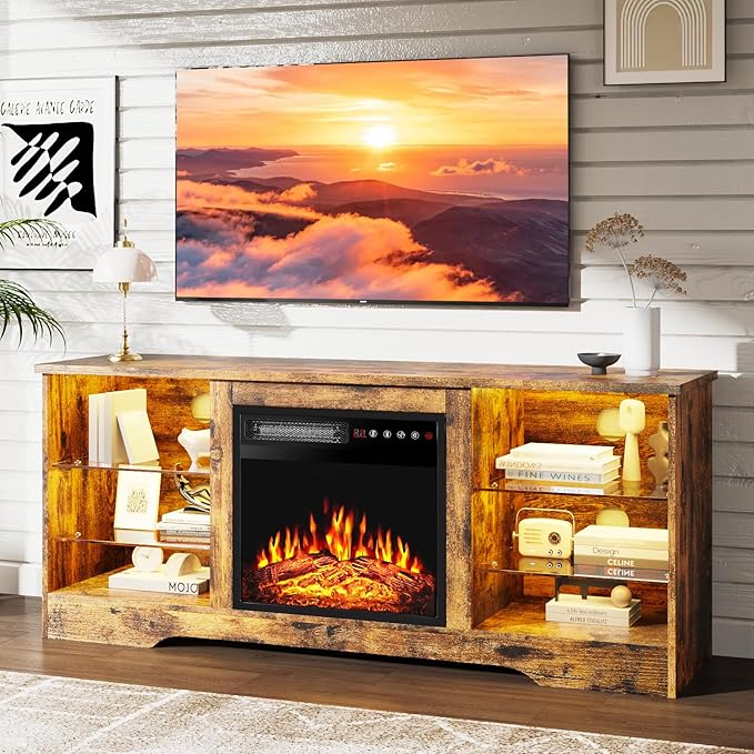 PRETZI Fireplace TV Stand with 18" Fireplace Up to 65" TVs, 58" Entertainment Center with LED Lights, TV Media Console with Adjustable Glass Shelves and Storage Cabinets for Living Room, Brown