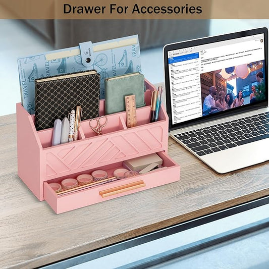 dreampossible Pink Wood Desk Organizer and Accessories with Drawer, Bill Mail Organizer and File Mail Holder for Office Supplies, Modern Desk Accessories & Workspace Organizers for Desk Organization