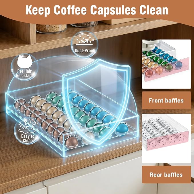 Jumyee Acrylic Coffee Pod Drawer for Nespresso Vertuo Pod Holder, Clear Coffee Capsule Organizer Storage Drawer for Counter 40 Pods
