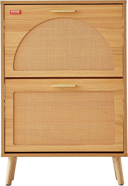 VEVOR Shoe Cabinet with 2 Flip Drawers, Shoe Storage Cabinet for Entryway, Free Standing Shoe Storage Organizer with Rattan Doors for Heels, Boots, Slippers in Hallway, Living Room