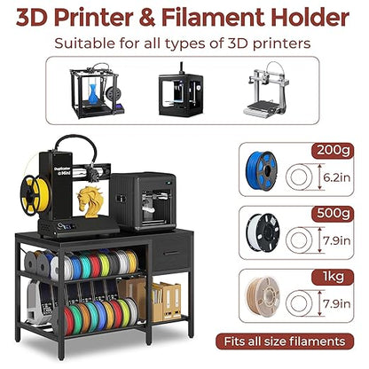 3D Printer Stand with Filament Storage – Heavy Duty Metal 3D Printer Table with Drawer and Power Hub for Workshop, Studio, and Office