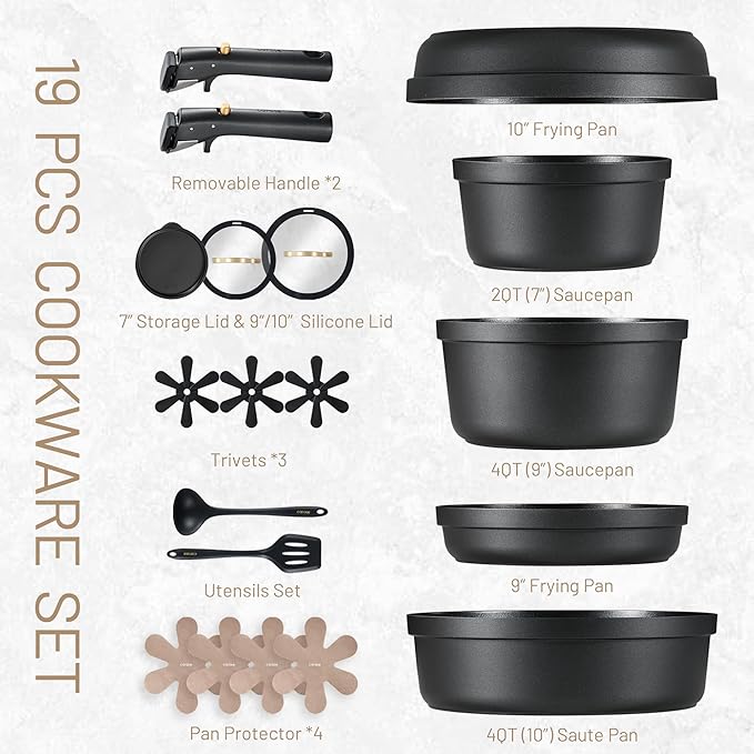 CAROTE 19pcs Pots and Pans Set Non Stick, Nonstick Cookware Set, Dishwasher/Oven/Fridge Safe Pots and Pans, Removable Handle RV Oven Safe Cookware, Induction Kitchen Set, Black