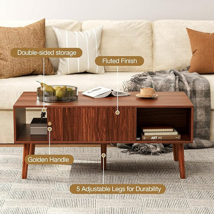 LCRBOL Coffee Table with Storage, Mid Century Dining Table with Sliding Fluted Door and Solid Wood Legs, Small Coffee Tables for Living Room, Walnut