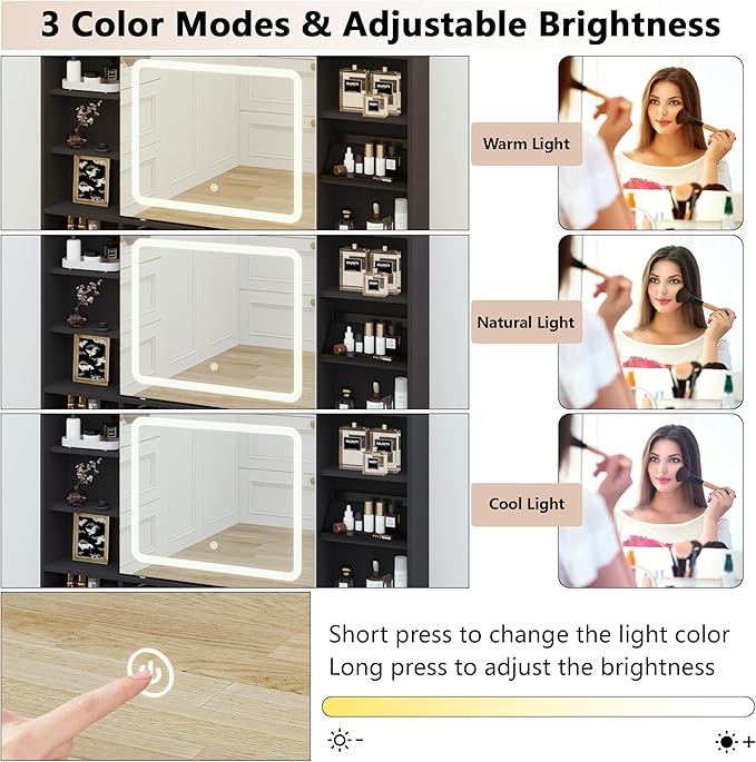 43.3" Fluted Vanity Desk with Mirror and Lights, Wood Makeup Vanity Desk with Charging Station & Mobile Mirror, Modern Dressing Table with Adjustable Shelves & Jewelry Hooks for Girls, Women, Black