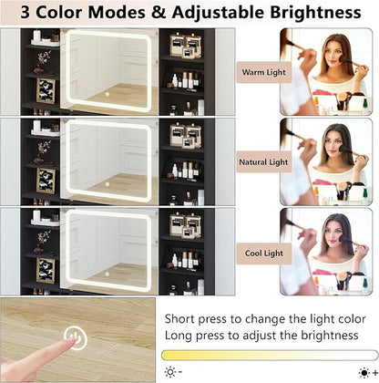 43.3" Fluted Vanity Desk with Mirror and Lights, Wood Makeup Vanity Desk with Charging Station & Mobile Mirror, Modern Dressing Table with Adjustable Shelves & Jewelry Hooks for Girls, Women, Black
