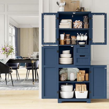 BOTLOG 67'' Tall Bathroom Storage Cabinet, Linen Cabinet with Glass Doors and Adjustable Shelves, Kitchen Pantry with 2 Drawers for Bathroom, Living Room, Dining Room, Blue