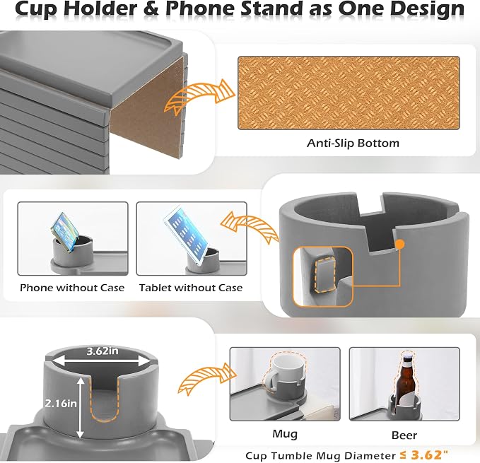 GHKINMAL Couch Cup Holder Tray, Large Couch Arm Table with 360° Ratated Phone Holder, 3 in 1 Bamboo Sofa Armrest Tray with Anti-Slip Couch Organizer for Remote,Cellphone,Snacks