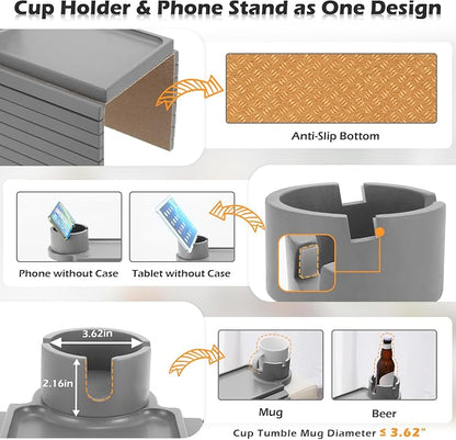 GHKINMAL Couch Cup Holder Tray, Large Couch Arm Table with 360° Ratated Phone Holder, 3 in 1 Bamboo Sofa Armrest Tray with Anti-Slip Couch Organizer for Remote,Cellphone,Snacks