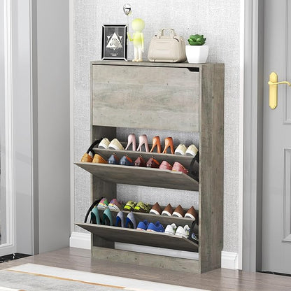 Shoe Cabinet with 3 Flip Drawers, 47" Slim Hidden Wood Shoe Storage Cabinet with Adjustable Shelf, Freestanding Narrow Shoe Rack Organizer for Entryway, Hallway, Grey