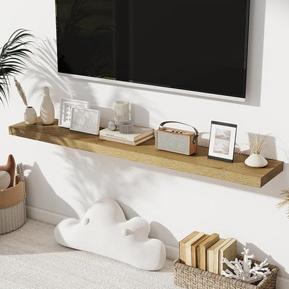Fun Memories 55 Inch Long Floating Shelves for Wall, 8" Deep Floating Shelves for Bathroom Living Room Bedroom, Rustic Wall Mounted Shelf with Invisible Heavy-Duty Bracket, Set of 2, Oak