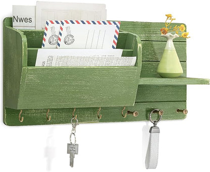 Rebee Vision Pine Wood Key Holder Wall Mount for Apartment Essentials - Farmhouse Key Holder for Wall with Mail Slot & Shelf for Mail & Accessories - Rustic Charm for Home Decor Aesthetic (Green)