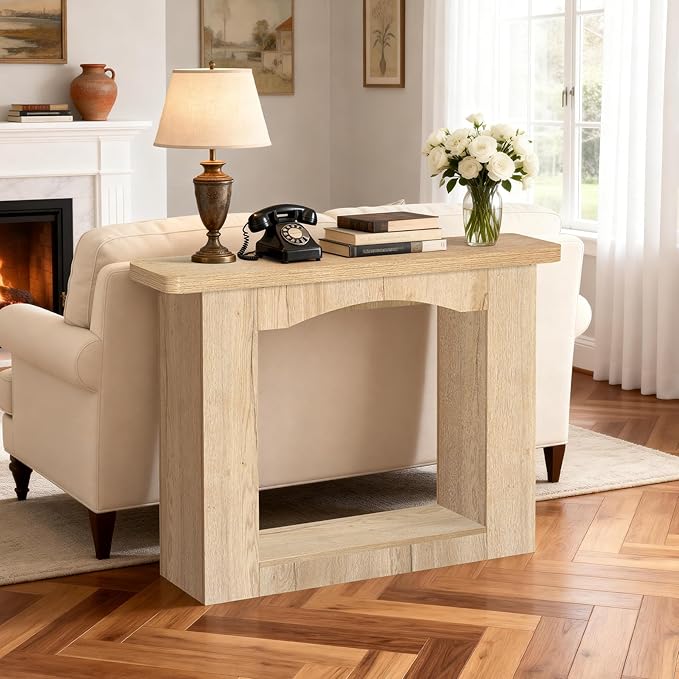 43 Inch Entryway Table U-Shaped Extension, 1.6 Inch Thick Desktop Wooden Console Table with Socket Farmhouse Sofa Table for Entrance, Hallway, Living Room,Behind Couch((Natural Brown)