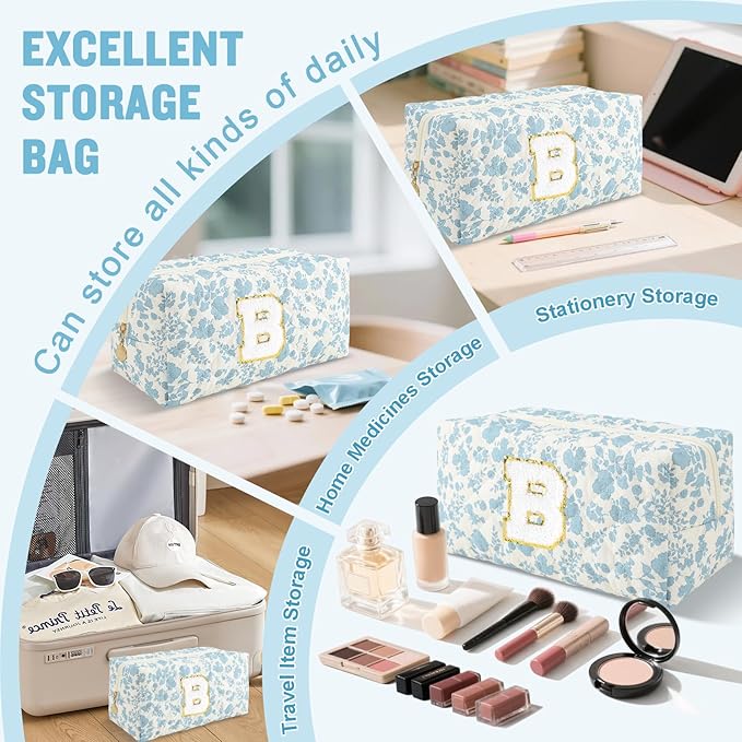 Personalized Quilted Cosmetic Bag, Puffy Monogrammed Christmas Birthday Gifts for Women & Girls, Cute initial Floral Makeup Bag Puffer Coquette Bag, Aesthetic Travel Toiletry Zipper Pouch(Blue,B)