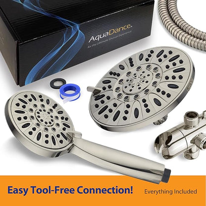 AquaDance 7" Premium High Pressure 3-Way Rainfall Combo with Stainless Steel Hose – Enjoy Luxurious 6-setting Rain Shower Head and Hand Held Shower Separately or Together – Brushed Nickel Finish