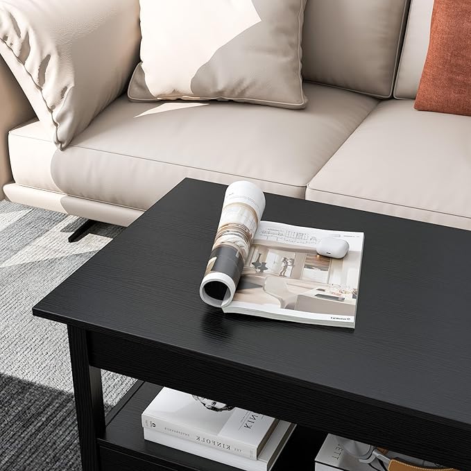 Panana Modern Coffee Table Lift Top Coffee Table with Drawers and Hidden Compartment, Tea Table with Wooden Lift Tabletop, for Living Room (Black)