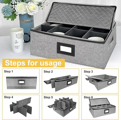 Coffee Mug Storage Box with Dividers, Durable China Storage Containers for Coffee Mugs, Tea Cups Storage Organizer with Lid, Handles, Label Window, Holds 12 Mugs, Hard Shell and Stackable (Grey)
