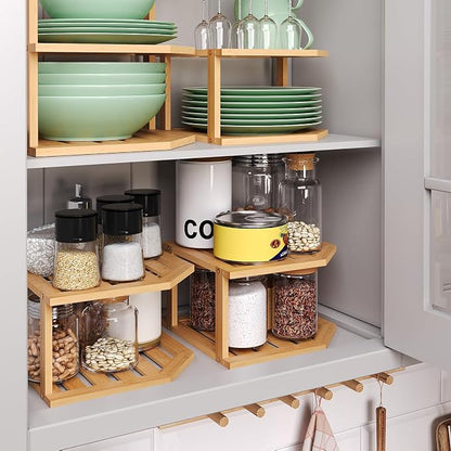 VERTORGAN Bamboo Corner Shelf(3 Pack),2 Tier Plate Organizer for Cabinet and Countertop,Pantry Dish and Spice Rack for Kitchen