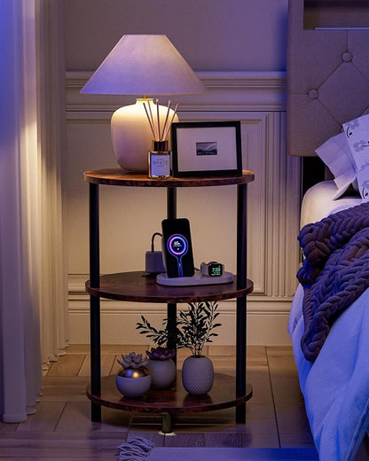 Small Round Side Table - 3-Tier Oval Accent Table for Small Spaces, Rustic Wood and Metal Nightstand for Living Room or Bedroom, with Built-in USB Ports and Power Outlet, Rustic Brown