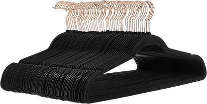 Amazon Basics Slim Velvet Non-Slip Space Saving Suit Clothes Hangers for Closet Organization, Black/Rose Gold, 50-Pack