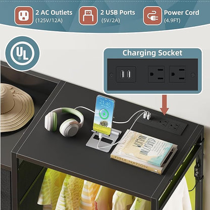 Dresser with Hanging Rack, 8-Drawer Dresser for Bedroom with Charging Station & LED Lights, Kids Dressers with Shoe Rack, Chest of Drawers with Wooden Top for Bedroom, Kids Room, Black, 11.8"D