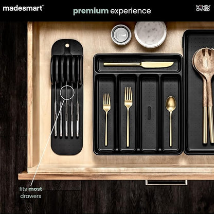 madesmart Knife Mat, Compact Soft-Grip Slot Organizer for 5 Knives, Non-Slip Drawer Insert Protects Blades and Maximizes Space, Carbon