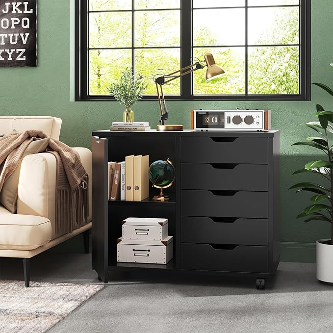 DUMOS 5 Drawer File Cabinet Office Drawers Organizer with Wheels, Under Desk Cabinets with Shelves and Door Printer Stand with Wood Board Metal Frame for Home Office Storage Craft Room, Classic Black