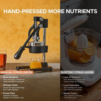 CO-Z Manual Citrus Juicer, Commercial Grade Cast Iron Orange Juicer, Professional Heavy Duty Juice Press with Removable Strainer, Manual Juice Extractor for Orange Lemon Pomegranate Citrus, Black