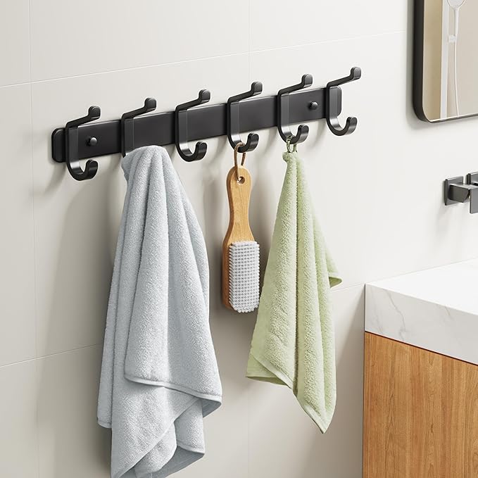 pickpiff Coat Rack Wall Mounted Heavy-Duty: Metal Coat Hanger 6 Hooks for Hanging Hat, Clothes, Robe, Keys, Backpack, Bathroom Towels, Jacket, Purse - Closet, Door, Entryway, Mudroom (Black, 1 Pack)