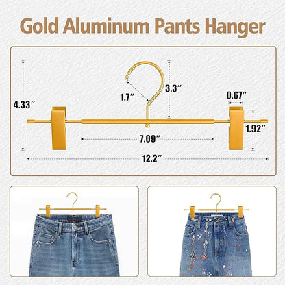 Matte Gold Aluminum Pants Hangers with 360°Swivel Hooks & Non-Slip Adjustable Clips, Lightweight, Durable, Space-Saving Closet Organizer for Trousers, Skirts, Jeans, Scarf, Kids&Adults, 10 Pack