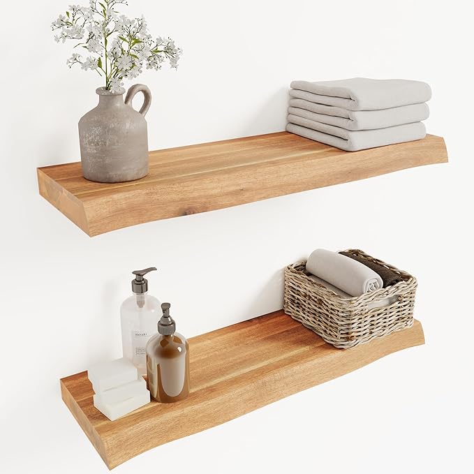 Howizz 24" Acacia Live Edge Floating Shelves Set of 2 - Wall Mounted Wooden Shelf for Stylish Home Décor - Teak Look Color 24x7.5x1.5 Inches