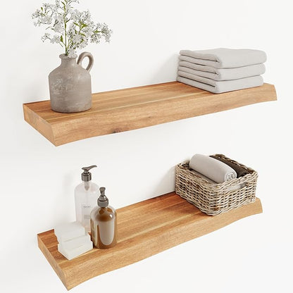 Howizz 24" Acacia Live Edge Floating Shelves Set of 2 - Wall Mounted Wooden Shelf for Stylish Home Décor - Teak Look Color 24x7.5x1.5 Inches
